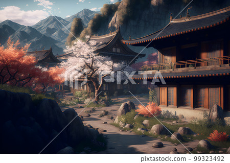 Oriental landscape with japanese traditional building close to river and cloudy mountains in time of sakura blossom. Neural network AI generated art 99323492