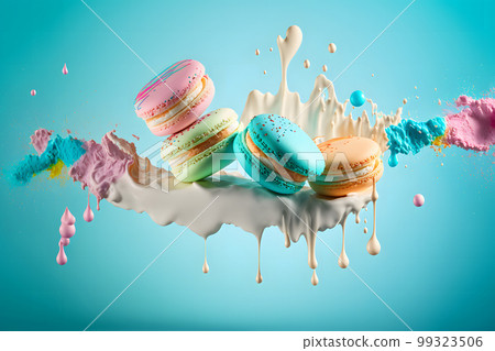 Colorful macarons with bright sugar powder explosion moment on blue background. Neural network AI generated art Colorful macarons with bright sugar powder explosion moment on blue background. Neural network AI generated art 99323506