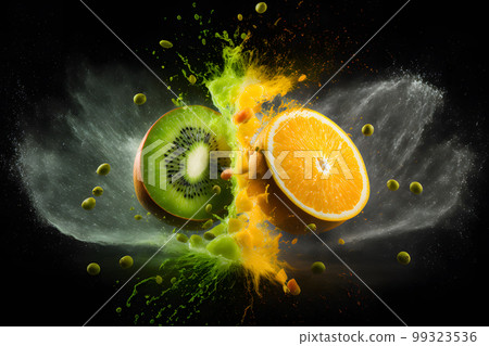 Qiwi and orange explosion splash moment on black background. Neural network AI generated art 99323536