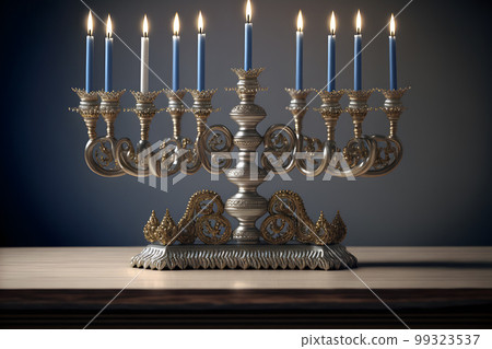 Hanukkah menorah on jewish traditional festive table. Neural network AI generated art 99323537