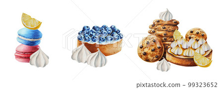 Watercolor set of compositions with lemon tart, biscuits, marshmallows in chocolate, meringue, blueberry tartlet, cholocate cookies, macaroons. Hand painting sweet on a white isolated background. For 99323652