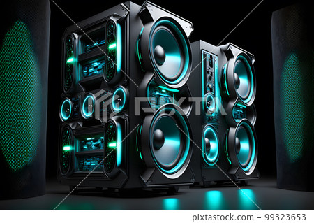Big and powerful modern sound speakers close up. Audio stereo system. Neural network AI generated art 99323653