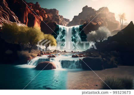 Beautiful landscape with big waterfall in sunny summertime. Neural network AI generated art Beautiful landscape with big waterfall in sunny summertime. Neural network AI generated art 99323673