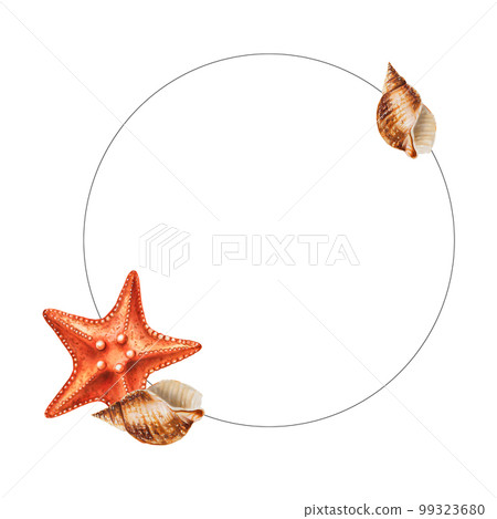 Watercolor frame with shells. Hand painting clipart underwater life objects on a white isolated background. For designers, decoration, postcards, wrapping paper, scrapbooking, covers, invitations Watercolor frame with shells. Hand painting clipart underwater life objects on a white isolated background. For designers, decoration, postcards, wrapping paper, scrapbooking, covers, invitations 99323680