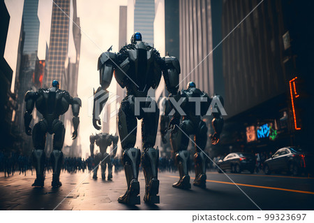 Many modern futuristic male humanoid robots with metal outfit. Neural network AI generated art 99323697