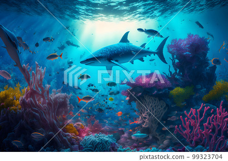 Aqua scene with corals and many fish on blue underwater background. Neural network AI generated art Aqua scene with corals and many fish on blue underwater background. Neural network AI generated art 99323704