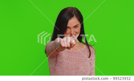 Angry aggressive woman showing fig negative gesture, you dont get it anyway, rapacious, avaricious 99323932