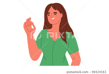 Ok or okay sign and good gesture language concept. Happy woman showing zero. Flat vector illustration 99324161