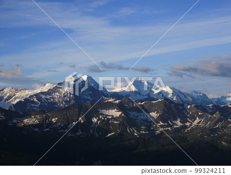 World famous mountain range Eiger, Monch and Jungfrau. View from Mount Brienzer Rothorn. Eiger North Face. 99324211
