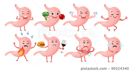 Healthy and unhealthy stomach character icons set. Flat cartoon illustration. Digestive tract, healthy eating, sports, yoga, heartburn, bloating, heaviness, stomach concept. Medical icons Healthy and unhealthy stomach character icons set. Flat cartoon illustration. Digestive tract, healthy eating, sports, yoga, heartburn, bloating, heaviness, stomach concept. Medical icons 99324340