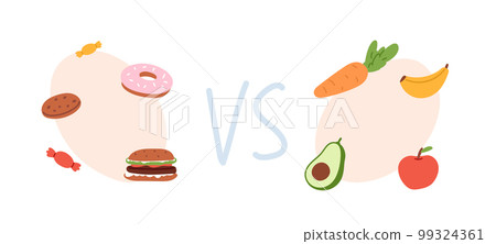 Healthy and unhealthy food Concept. Choice between nutrition. Fastfood, snack, sweet and fat eating versus fructs set. Flat vector illustration Healthy and unhealthy food Concept. Choice between nutrition. Fastfood, snack, sweet and fat eating versus fructs set. Flat vector illustration 99324361