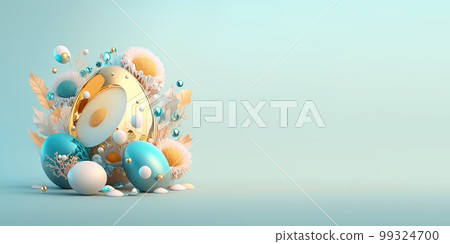 Abstract 3D Render of Easter Eggs and Flowers with a Fairytale Wonderland Theme for Background and Banner 99324700