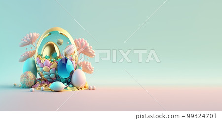 Abstract 3D Render of Easter Eggs and Flowers with a Fairytale Wonderland Theme for Background and Banner 99324701