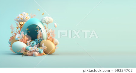 Abstract 3D Render of Easter Eggs and Flowers with a Fairytale Wonderland Theme for Background and Banner 99324702