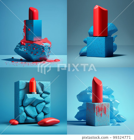 Lipstick red, standing on a rectangular granite stone. Blue background. 99324771