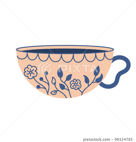 Modern cup decorated with design elements vector flat illustration. Colored mug isolated. Cute trendy crockery with handle for drink. 99324785