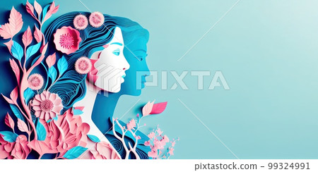 Illustration of face and flowers style paper cut with copy space for international women's day Illustration of face and flowers style paper cut with copy space for international women's day 99324991