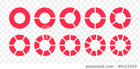 Fractions pie divided for math. Red circle pie with pieces. Segment slice set. Simple geometry. Vector isolated illustration Fractions pie divided for math. Red circle pie with pieces. Segment slice set. Simple geometry. Vector isolated illustration 99325059