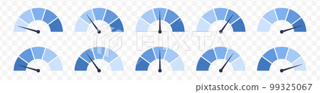 Blue scale meter with low, high and medium bar. Level risk graph or control quality. Vector isolated illustration Blue scale meter with low, high and medium bar. Level risk graph or control quality. Vector isolated illustration 99325067