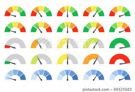 Set of different colorful speedometers, meter gauge element, ratings of varying degrees of satisfaction. Level indicator collection. Vector isolated illustration 99325083