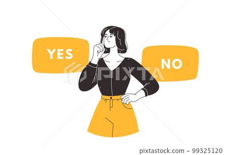 Woman making decision. Person doubting,choosing between two alternatives, solving problems. Dilemma concept. Flat vector illustration 99325120