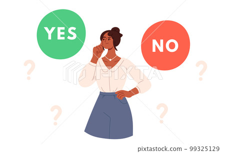 Woman making decision. Person doubting,choosing between two alternatives, solving problems. Dilemma concept. Flat vector illustration Woman making decision. Person doubting,choosing between two alternatives, solving problems. Dilemma concept. Flat vector illustration 99325129