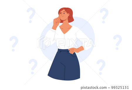 Woman thinking over question. Girl problems, person doubt, asking. Flat vector illustration Woman thinking over question. Girl problems, person doubt, asking. Flat vector illustration 99325131