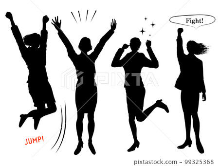 Banzai Jump Cheering Jumping Businesswoman Success Image Full Body Front Silhouette Set 99325368