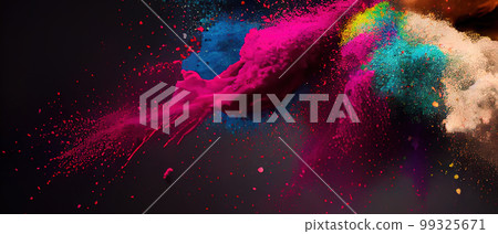 Blown up holi powder in a colorful fashion. Festivities and celebrations associated with Holi. Wide angle format banner background. 99325671