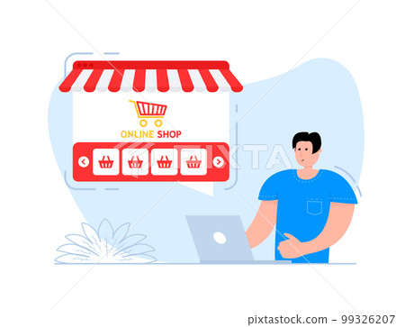 A man stands near the smartphone, on the screen online shopping, E-shop. Digital store. A man stands near the smartphone, on the screen online shopping, E-shop. Digital store. 99326207