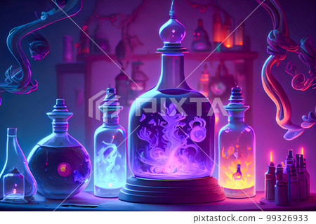 Alchemist worktable. Wizard laboratory with scientific flasks and potions, ai illustration 99326933