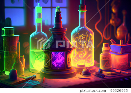 Alchemist worktable. Wizard laboratory with scientific flasks and potions, ai illustration Alchemist worktable. Wizard laboratory with scientific flasks and potions, ai illustration 99326935