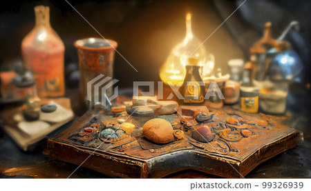 Alchemist worktable. Wizard laboratory with scientific flasks and scrolls, ai illustration 99326939