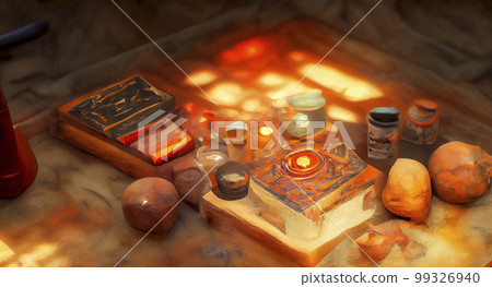 Alchemist worktable. Wizard laboratory with scientific flasks and scrolls, ai illustration 99326940
