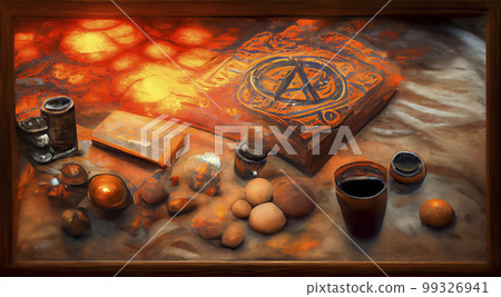 Alchemist worktable. Wizard laboratory with scientific flasks and scrolls, ai illustration Alchemist worktable. Wizard laboratory with scientific flasks and scrolls, ai illustration 99326941