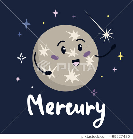 Cute cartoon planet character Mercury with funny face. Poster solar system for children. Vector illustration 99327420