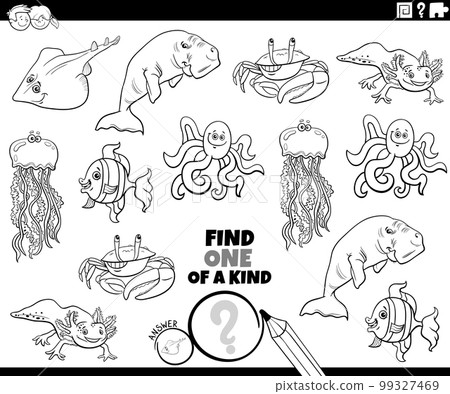one of a kind task with cartoon marine animals coloring page 99327469
