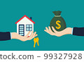 Buying house. Agent of real estate holding in hand house, key. Buyer, customer gives money bag. Vector illustration flat design. 99327928