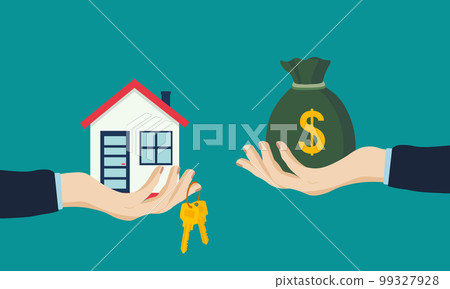 Buying house. Agent of real estate holding in hand house, key. Buyer, customer gives money bag. Vector illustration flat design. 99327928