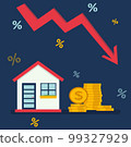 Housing price falling down, real estate and property crash, value drop or decline, home loan or mortgage risk concept. 99327929
