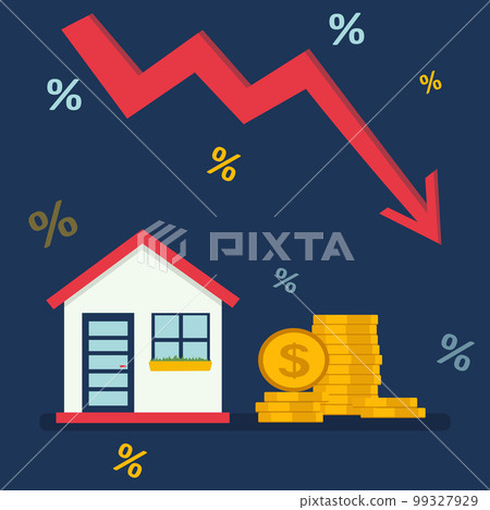 Housing price falling down, real estate and property crash, value drop or decline, home loan or mortgage risk concept. 99327929