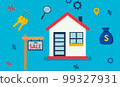 House for sale. The house and sign in the foreground with the information. Vector illustration in flat style 99327931