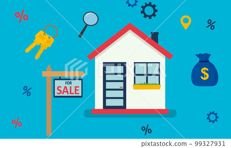 House for sale. The house and sign in the foreground with the information. Vector illustration in flat style 99327931