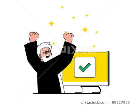 Productivity workplace concept with character situation. Happy man successfully completes work project and celebrates reaching job goal. Vector illustration with people scene in flat design for web Productivity workplace concept with character situation. Happy man successfully completes work project and celebrates reaching job goal. Vector illustration with people scene in flat design for web 99327963