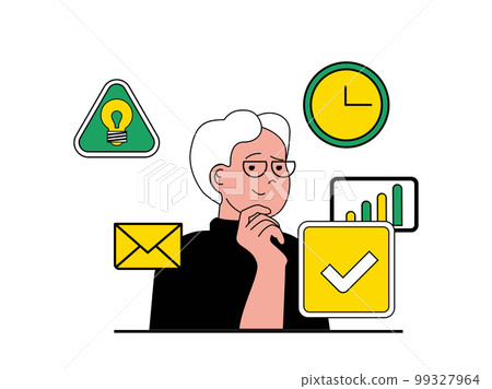 Productivity workplace concept with character situation. Man works efficiently and completes tasks to deadline, motivation and inspiration. Vector illustration with people scene in flat design for web Productivity workplace concept with character situation. Man works efficiently and completes tasks to deadline, motivation and inspiration. Vector illustration with people scene in flat design for web 99327964