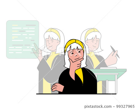 Productivity workplace concept with character situation. Woman thinks and analyzes work processes, optimizes strategy for doing tasks. Vector illustration with people scene in flat design for web Productivity workplace concept with character situation. Woman thinks and analyzes work processes, optimizes strategy for doing tasks. Vector illustration with people scene in flat design for web 99327965