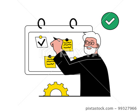 Productivity workplace concept with character situation. Man organizes workflow and processes, creates notes, doing tasks to deadline time. Vector illustration with people scene in flat design for web 99327966