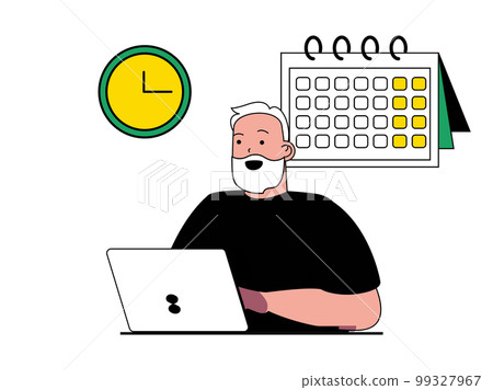 Productivity workplace concept with character situation. Man plans daily tasks on calendar and working effectively until deadline time. Vector illustration with people scene in flat design for web Productivity workplace concept with character situation. Man plans daily tasks on calendar and working effectively until deadline time. Vector illustration with people scene in flat design for web 99327967