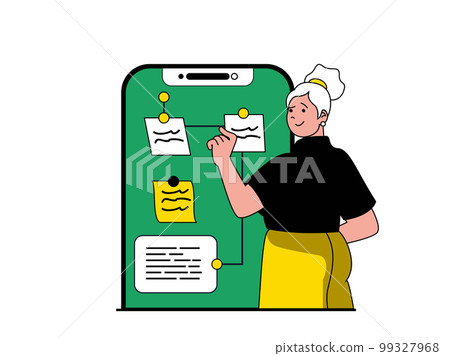 Productivity workplace concept with character situation. Woman organizes workflow and processes, creates notes using mobile application. Vector illustration with people scene in flat design for web Productivity workplace concept with character situation. Woman organizes workflow and processes, creates notes using mobile application. Vector illustration with people scene in flat design for web 99327968