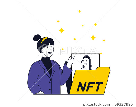 NFT token concept with character situation. Woman seller trading on virtual marketplaces and auctions with digital pictures and other art. Vector illustration with people scene in flat design for web 99327980
